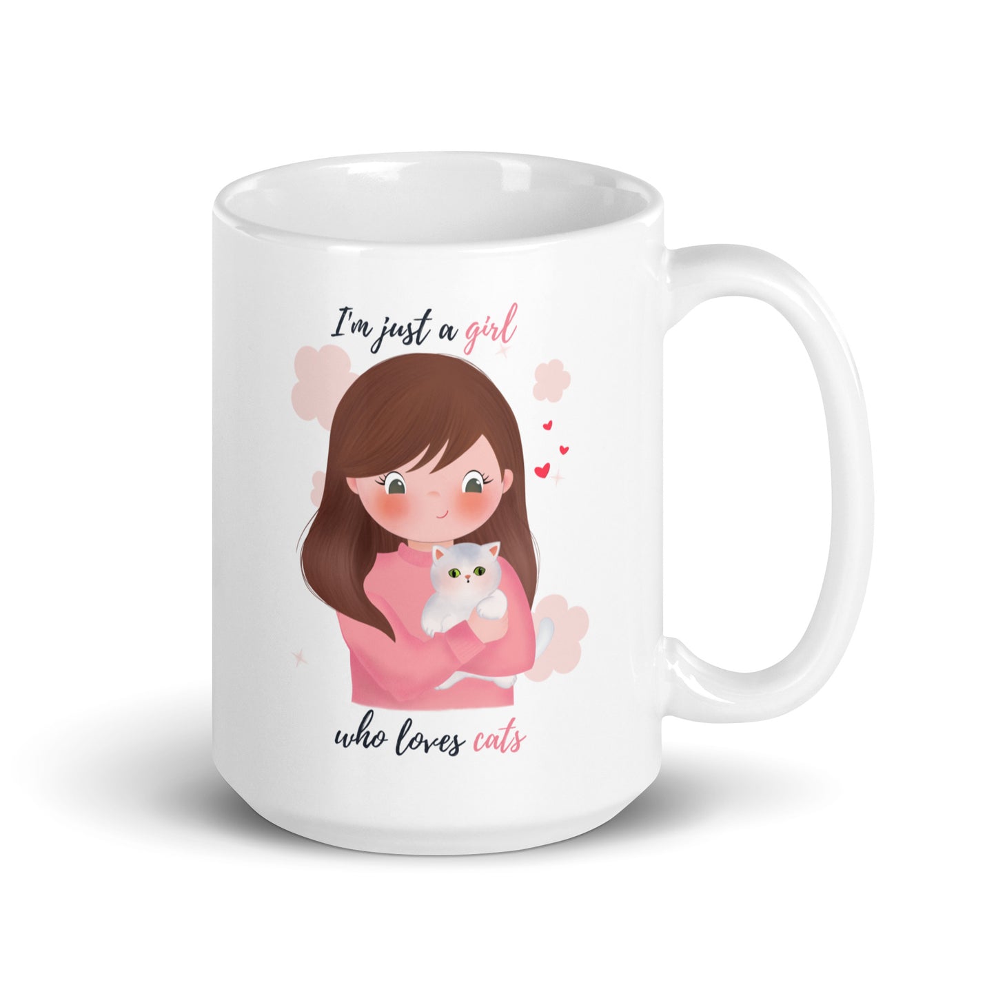 White glossy mug - I'm just a girl who loves cats - Pink
