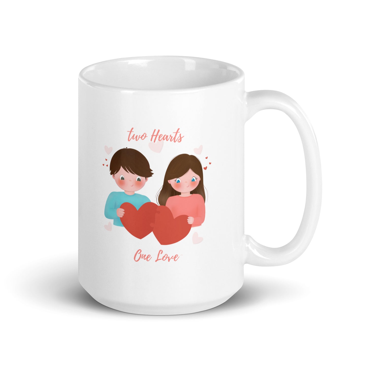 White glossy mug - Two Hearts, One Love